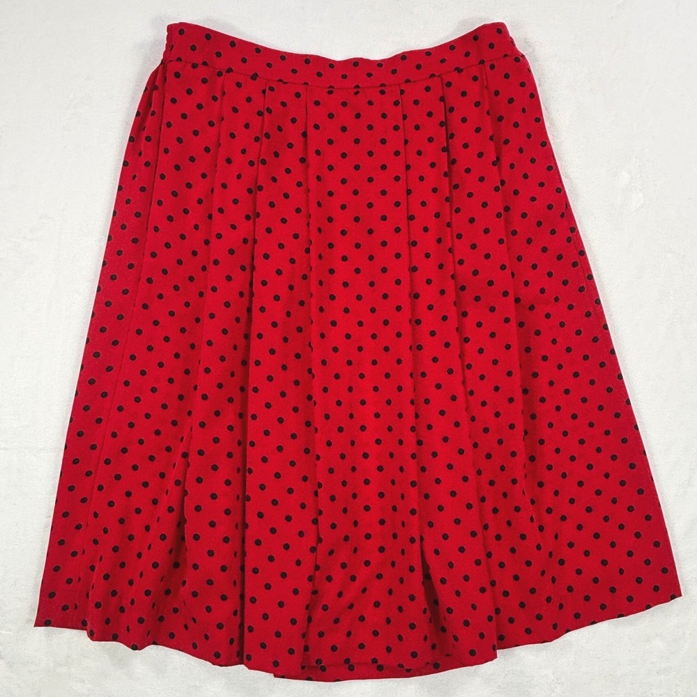 Vintage Chaus Red Black Polka Dot Pleated Midi Skirt Pockets Size 16 High Waist